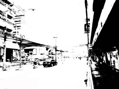 Bangkok şehir manzarası Siyah beyaz çizimler.