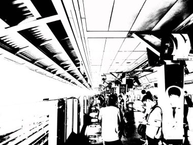 Metro İstasyonu ve Şehir Yolcuları Siyah ve Beyaz Çizimler.