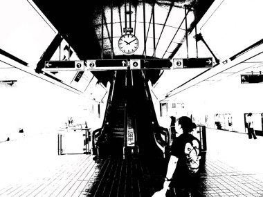 Metro İstasyonu ve Şehir Yolcuları Siyah ve Beyaz Çizimler.