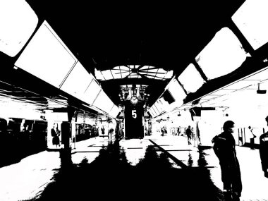 Metro İstasyonu ve Şehir Yolcuları Siyah ve Beyaz Çizimler.
