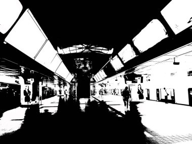 Metro İstasyonu ve Şehir Yolcuları Siyah ve Beyaz Çizimler.