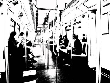 Metro ve Şehir Yolcularının manzarası Siyah ve Beyaz Çizimler.