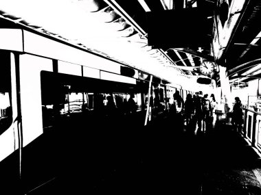 Metro İstasyonu ve Şehir Yolcuları Siyah ve Beyaz Çizimler.