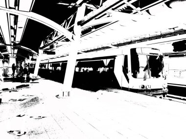 Metro İstasyonu ve Şehir Yolcuları Siyah ve Beyaz Çizimler.