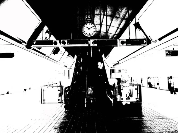 Tájkép Metróállomás Városi Utasok Fekete Fehér Illusztrációk — Stock Fotó