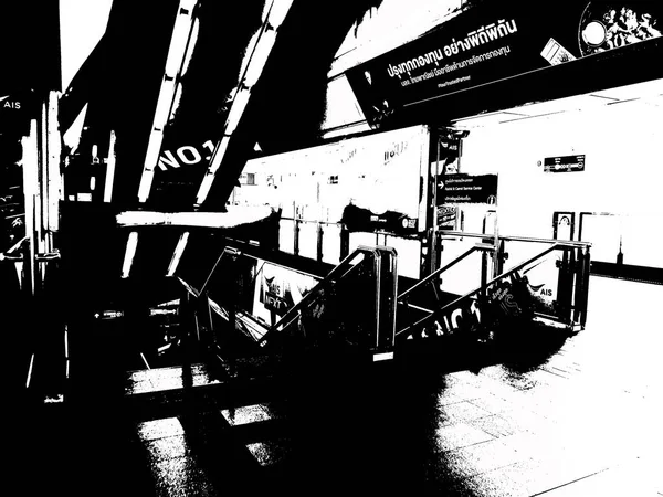 地下鉄駅と市内の乗客の風景黒と白のイラスト — ストック写真