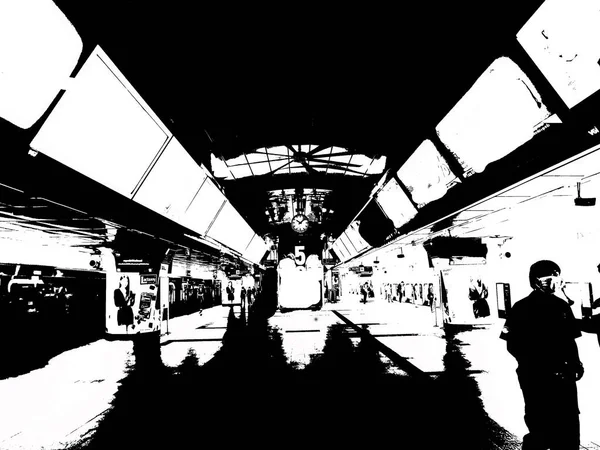 Landscape Metro Station City Passengers Black White Illustrations — Stock Photo, Image