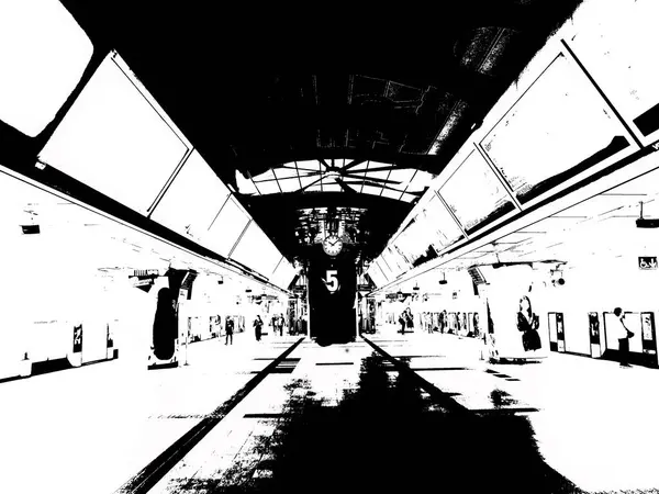 Paisaje Estación Metro Los Pasajeros Ciudad Ilustraciones Blanco Negro — Foto de Stock