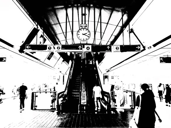 Metro İstasyonu ve Şehir Yolcuları Siyah ve Beyaz Çizimler.