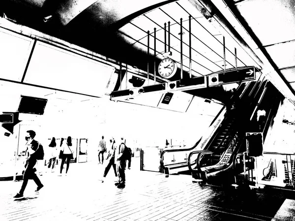 地下鉄駅と市内の乗客の風景黒と白のイラスト — ストック写真