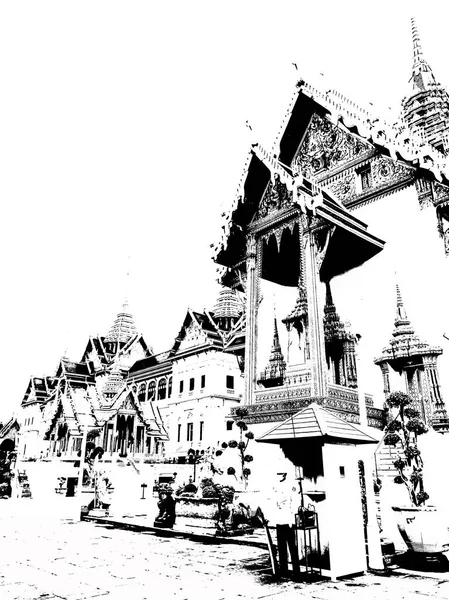Храм Смарагдового Будди Великий Палац Бангкок Таїланд Чорні Білі Ілюстрації — стокове фото