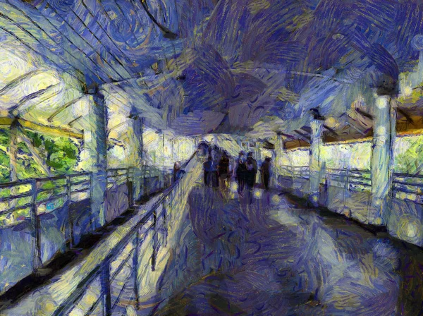Landschaft Der Skytrain Station Illustrationen Schafft Einen Impressionistischen Malstil — Stockfoto