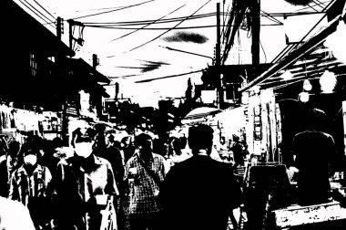 Şehir merkezinin Tayland 'ın siyah ve beyaz illüstrasyonlarındaki manzarası.