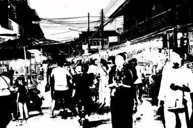 Şehir merkezinin Tayland 'ın siyah ve beyaz illüstrasyonlarındaki manzarası.