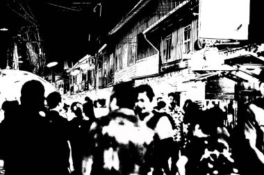 Şehir merkezinin Tayland 'ın siyah ve beyaz illüstrasyonlarındaki manzarası.