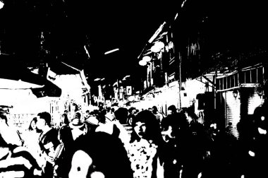 Şehir merkezinin Tayland 'ın siyah ve beyaz illüstrasyonlarındaki manzarası.