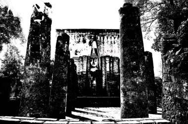 Sukhothai 'deki Antik Harabeler Dünya Mirası Sitesi Siyah ve Beyaz Çizimler.
