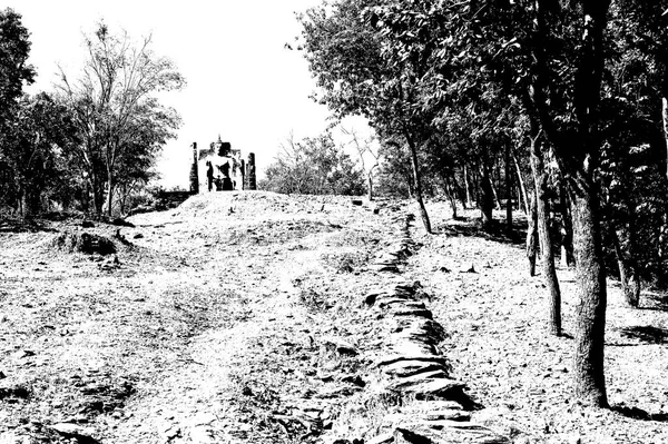 Landscape Stone Path Hill Forest Black White Illustrations — Stock Photo, Image