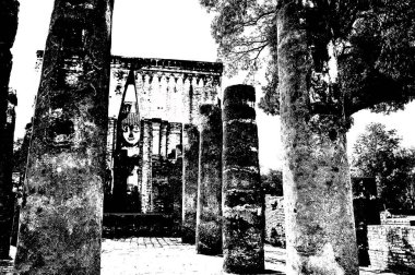 Sukhothai 'deki Antik Harabeler Dünya Mirası Sitesi Siyah ve Beyaz Çizimler.