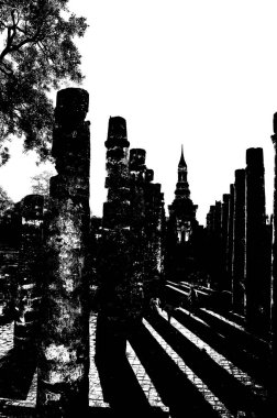 Sukhothai 'deki Antik Harabeler Dünya Mirası Sitesi Siyah ve Beyaz Çizimler.