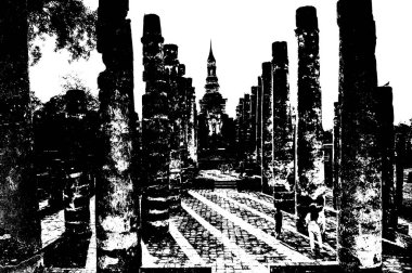 Sukhothai 'deki Antik Harabeler Dünya Mirası Sitesi Siyah ve Beyaz Çizimler.