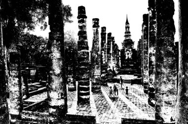 Sukhothai 'deki Antik Harabeler Dünya Mirası Sitesi Siyah ve Beyaz Çizimler.