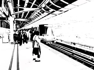 Metro İstasyonu ve Şehir Yolcuları Siyah ve Beyaz Çizimler.