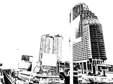 Bangkok şehir manzarası Siyah beyaz çizimler.