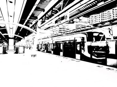Metro İstasyonu ve Şehir Yolcuları Siyah ve Beyaz Çizimler.