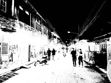 Tayland 'da gece pazarı Siyah beyaz çizimler.
