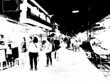 Tayland 'da gece pazarı Siyah beyaz çizimler.