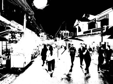 Tayland 'da gece pazarı Siyah beyaz çizimler.