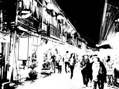 Tayland 'da gece pazarı Siyah beyaz çizimler.