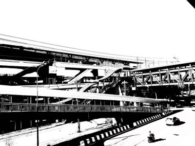 Metropolitan Demiryolu Binası 'nın manzarası ve yol üzerindeki yaya köprüsü. Siyah beyaz çizimler..