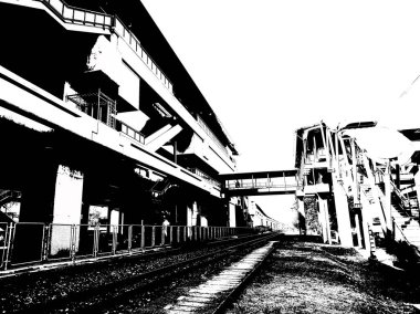 Metropolitan Demiryolu Binası 'nın manzarası ve yol üzerindeki yaya köprüsü. Siyah beyaz çizimler..