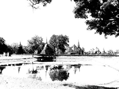 Sukhothai 'deki Antik Harabeler Dünya Mirası Sitesi Siyah ve Beyaz Çizimler.