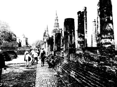 Sukhothai 'deki Antik Harabeler Dünya Mirası Sitesi Siyah ve Beyaz Çizimler.