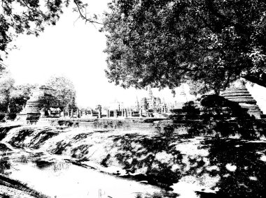 Sukhothai 'deki Antik Harabeler Dünya Mirası Sitesi Siyah ve Beyaz Çizimler.
