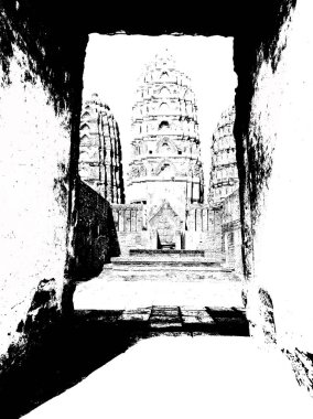 Sukhothai 'deki Antik Harabeler Dünya Mirası Sitesi Siyah ve Beyaz Çizimler.