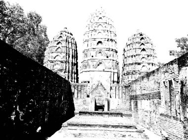 Sukhothai 'deki Antik Harabeler Dünya Mirası Sitesi Siyah ve Beyaz Çizimler.
