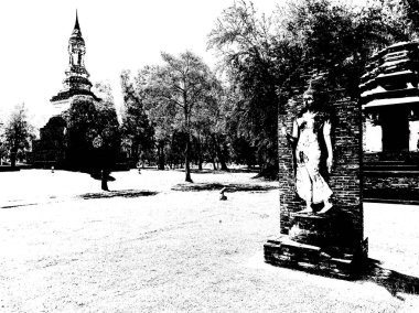 Sukhothai 'deki Antik Harabeler Dünya Mirası Sitesi Siyah ve Beyaz Çizimler.