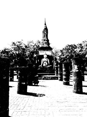 Sukhothai 'deki Antik Harabeler Dünya Mirası Sitesi Siyah ve Beyaz Çizimler.