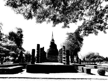 Sukhothai 'deki Antik Harabeler Dünya Mirası Sitesi Siyah ve Beyaz Çizimler.