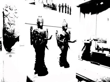 Sukhothai 'deki Antik Harabeler Dünya Mirası Sitesi Siyah ve Beyaz Çizimler.