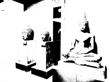 Sukhothai 'deki Antik Harabeler Dünya Mirası Sitesi Siyah ve Beyaz Çizimler.