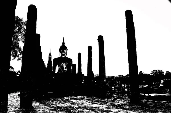 Ruinas Antiguas Sukhothai Patrimonio Humanidad Ilustraciones Blanco Negro —  Fotos de Stock