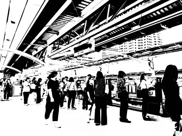 Landscape Metro Station City Passengers Black White Illustrations — Stock Photo, Image