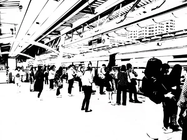 Paisagem Estação Metrô Cidade Passageiros Ilustrações Preto Branco — Fotografia de Stock