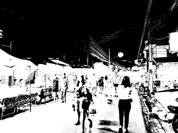 Mercado Nocturno Tailandia Ilustraciones Blanco Negro —  Fotos de Stock