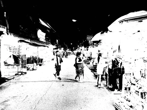 Mercado Noturno Tailândia Ilustrações Preto Branco — Fotografia de Stock
